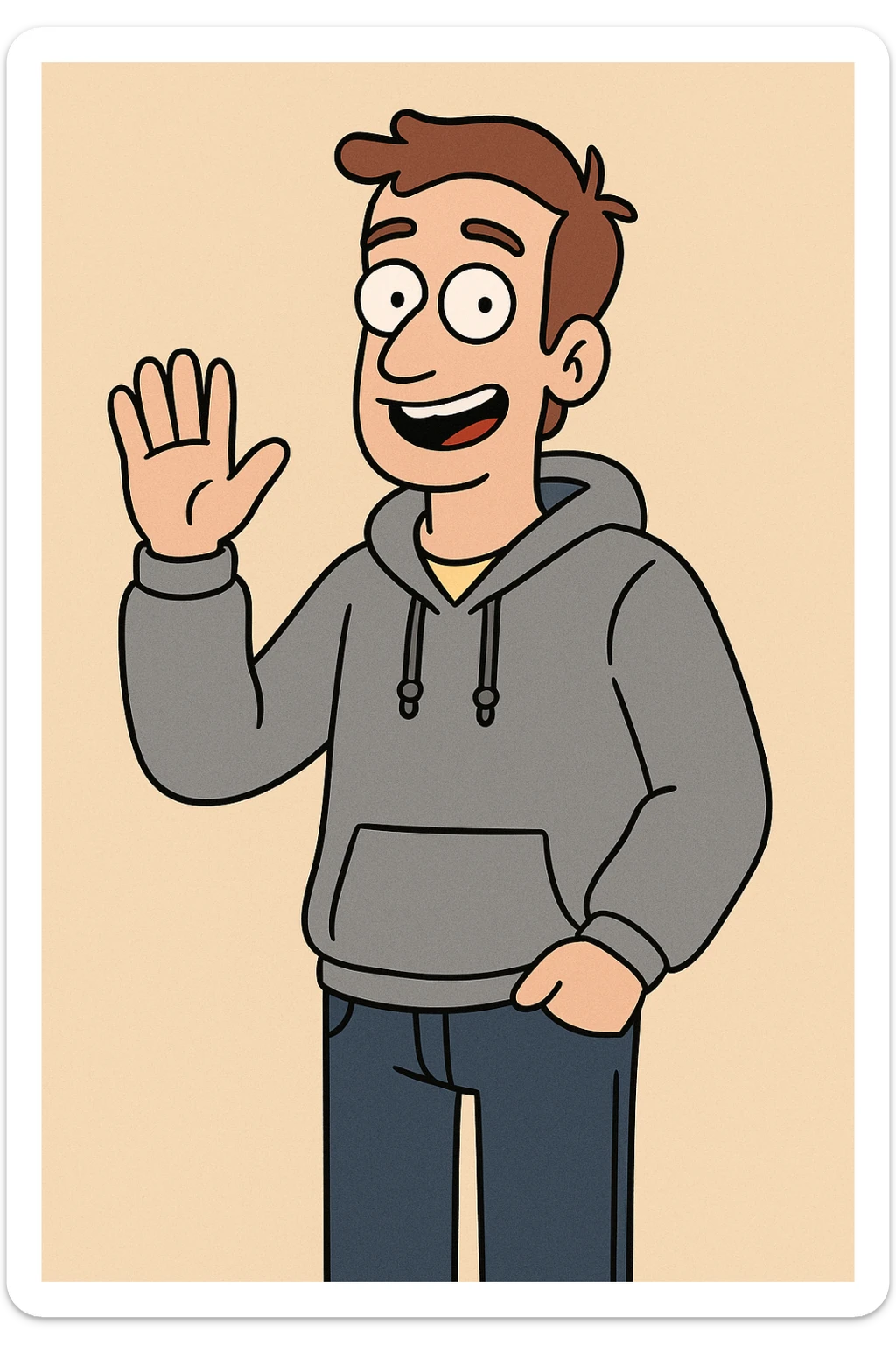 Pastel Yellow shirts Pacific Grey Hoodie dark blue jeans pockets a hand say hello sticker