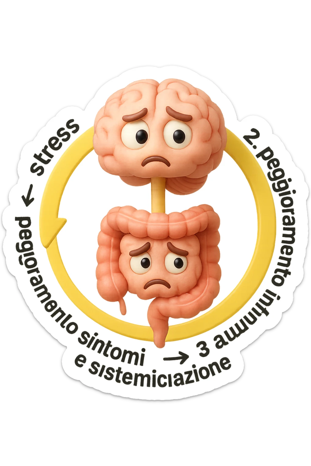 EMOJI STILE IPHONE 3D DI un cerchio con queste scritte che girano intorno in ordine per come li ho scritti "1. stress → 2. peggioramento intestinale → 3. aumento infiammazione → 4. peggioramento sintomi intestinali e sistemici." al centro del cerchio metti un cervello e intestino umani collegati verticalmente con espressione dubbiosa in volto, FALLO MOLTO REALISTICO IN 3D sticker