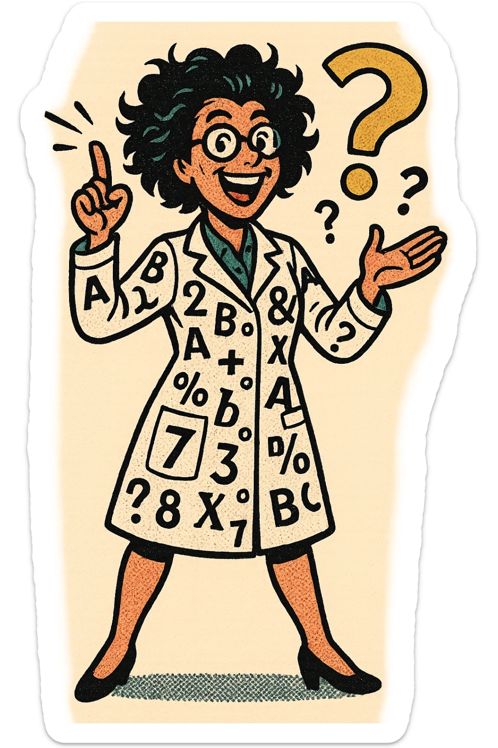 The full body of A happy crazy female scientist with numbers, question marks and letters printed all over their white coat sticker