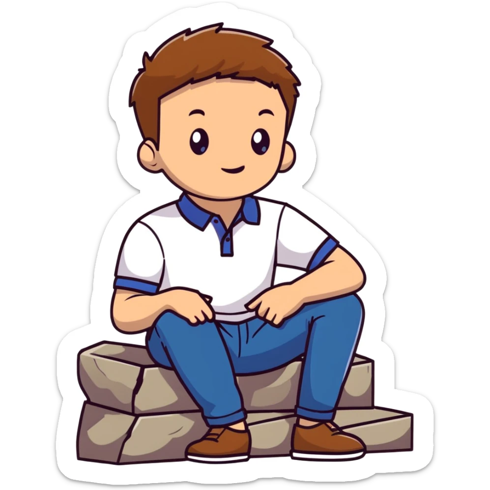 Young man with light skin and short brown hair sitting on stone steps, wearing white polo shirt with blue details and jeans sticker