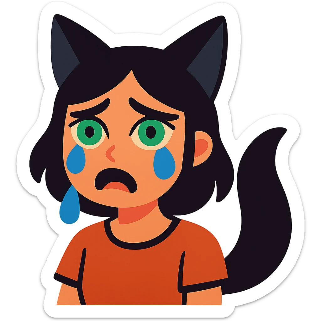 A girl with tears, black fox ears, and a tail, green eyes, dark hair sticker