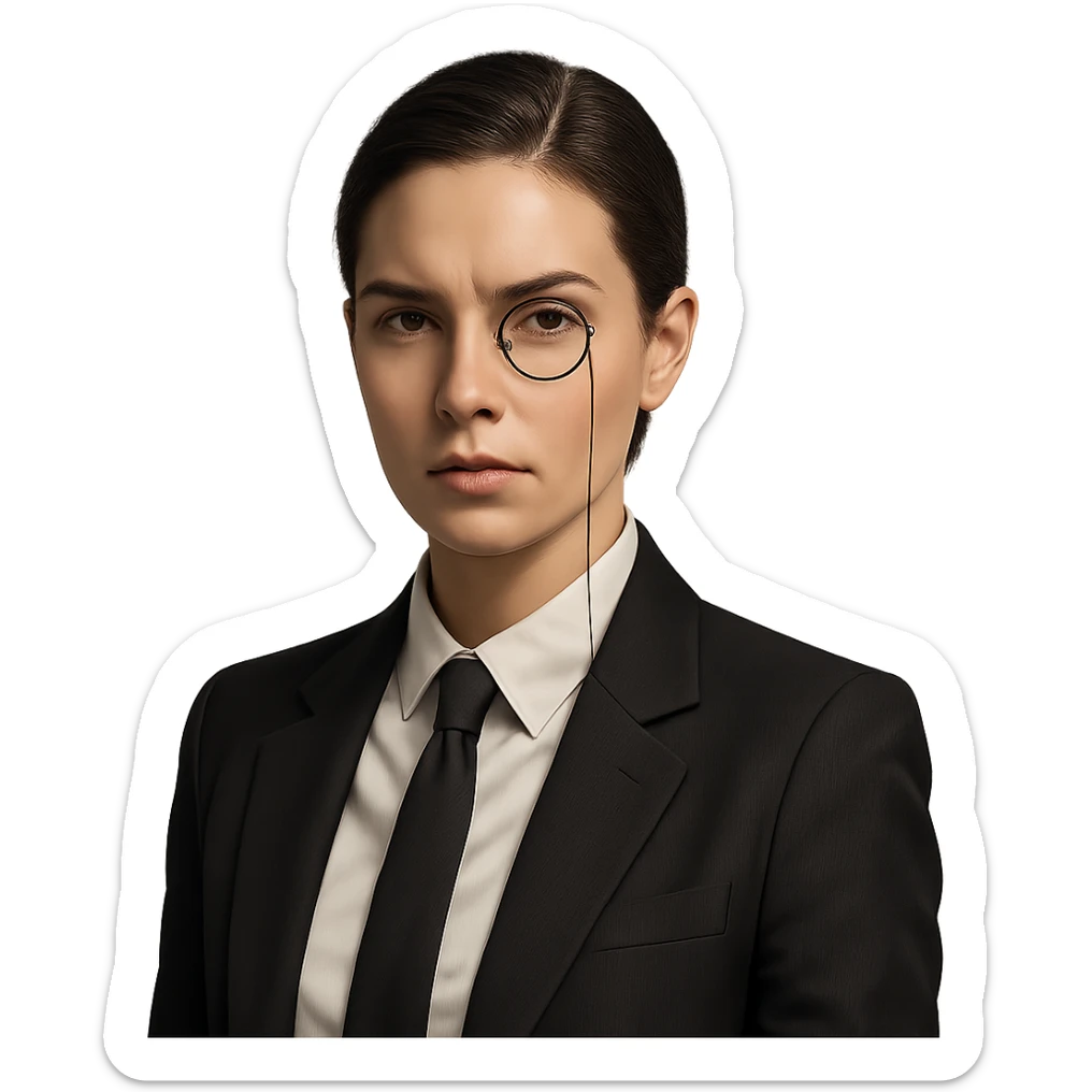 a modern woman with a monocle, business attire, sharp look, portrait, no background sticker