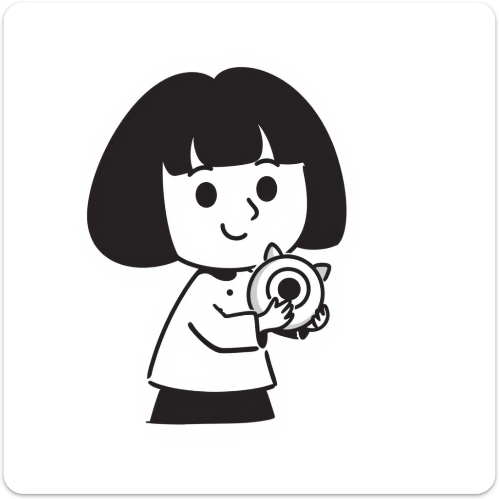 cute girl with blunt bangs, mid-short hair, big eyes, hand-drawn doodle style, holding small plush toy, very kawaii sticker