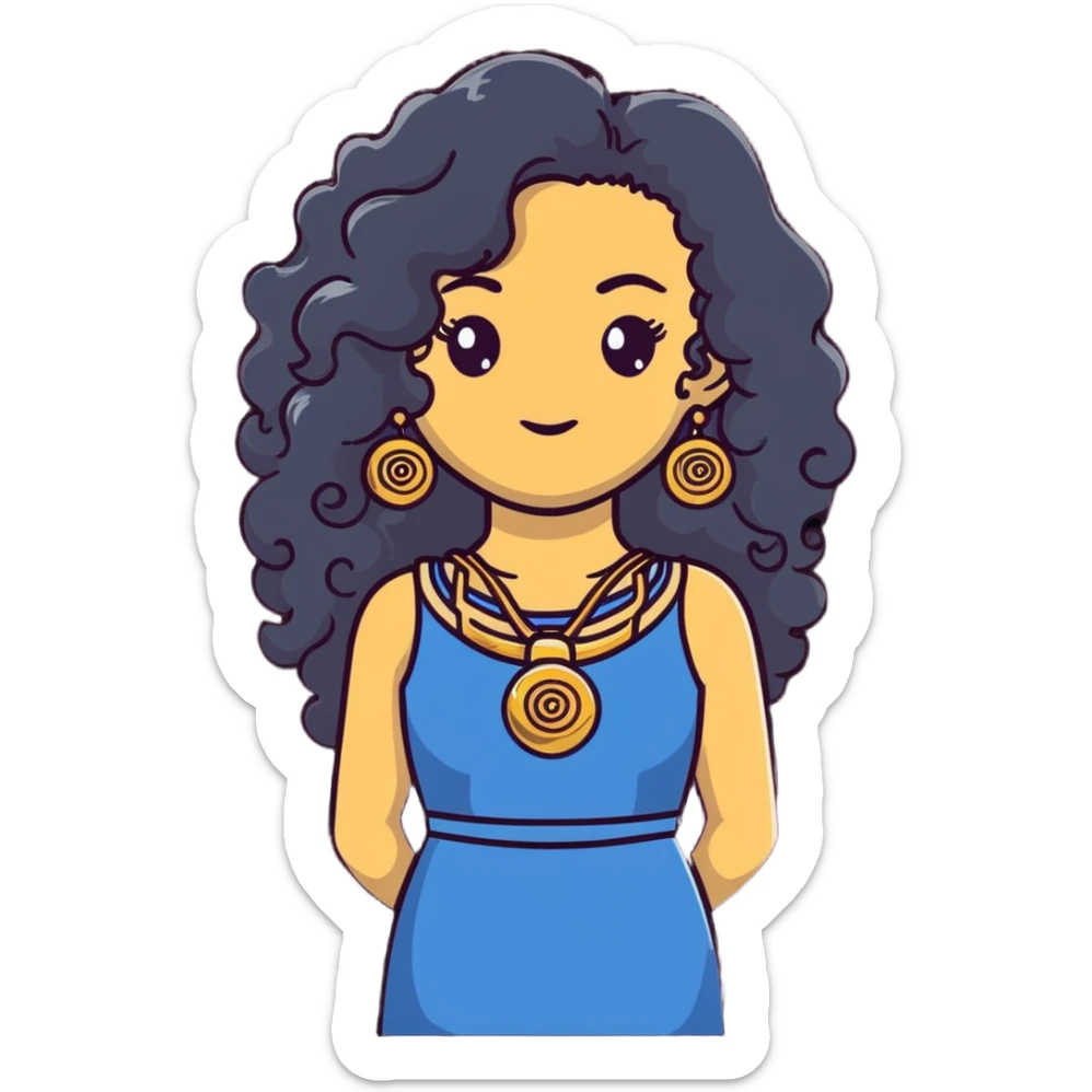 pretty Greek girl with big puffy long curly hair, gold statement earrings and necklace, cute modern dress sticker