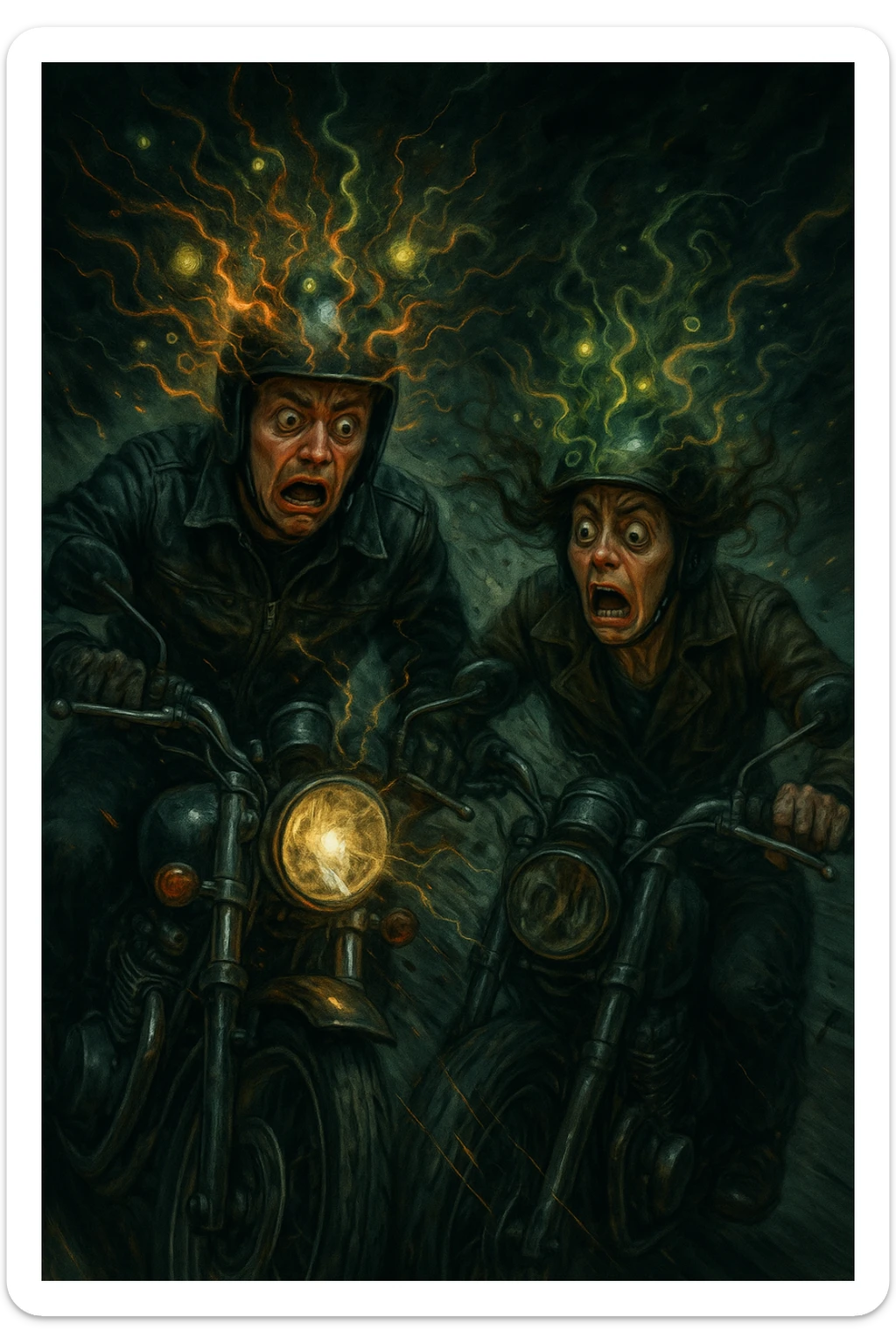 motociclisti spaventati perchè stanno per avere incidente a causa dell'infezione Toxoplasma che altera le loro menti sticker