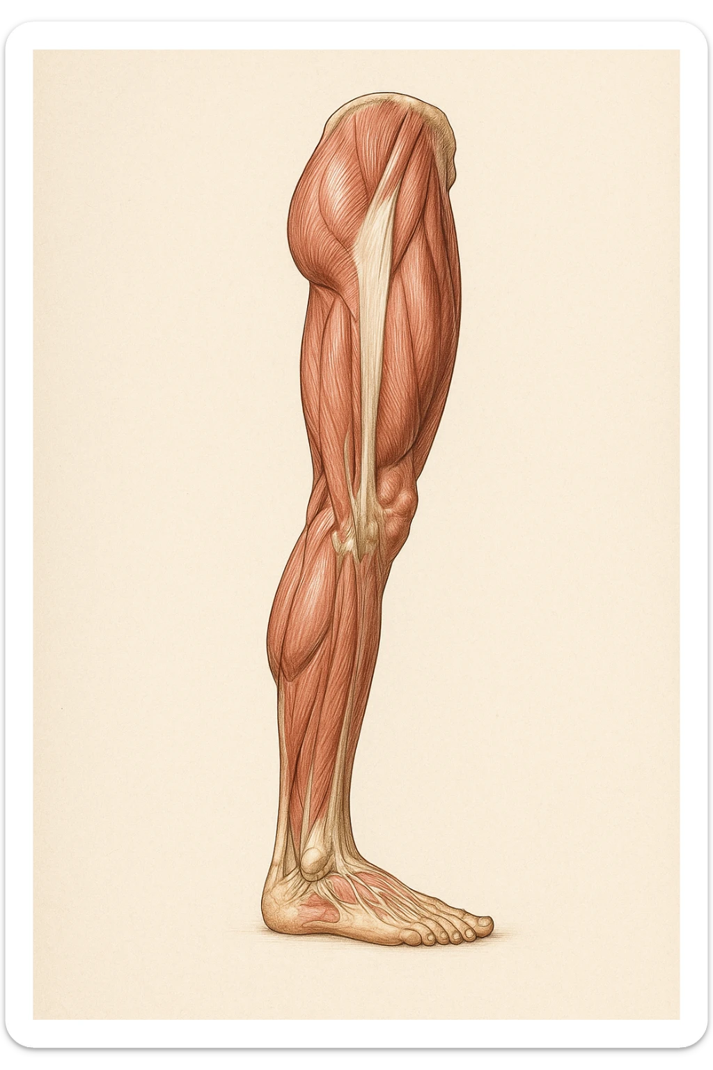 muscular left leg, realistic, detailed anatomy, medical illustration style sticker