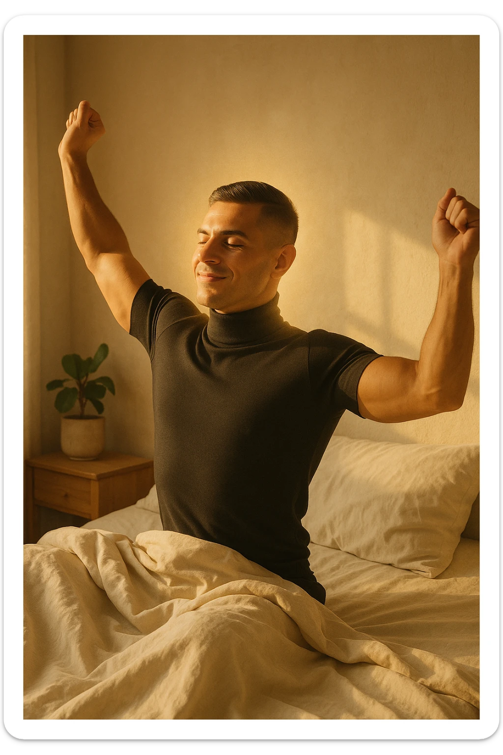 A cinematic photo of a man stretching in bed just after waking up, the morning sunlight flooding the room. His skin glows slightly, expression rested and serene. Muscles subtly defined, energy flowing through his posture. The air is filled with a golden calm. A symbolic glow surrounds his head and chest, representing mental clarity and physical recovery. The scene is clean, natural, minimalist. Rich in textures and realistic warmth. sticker