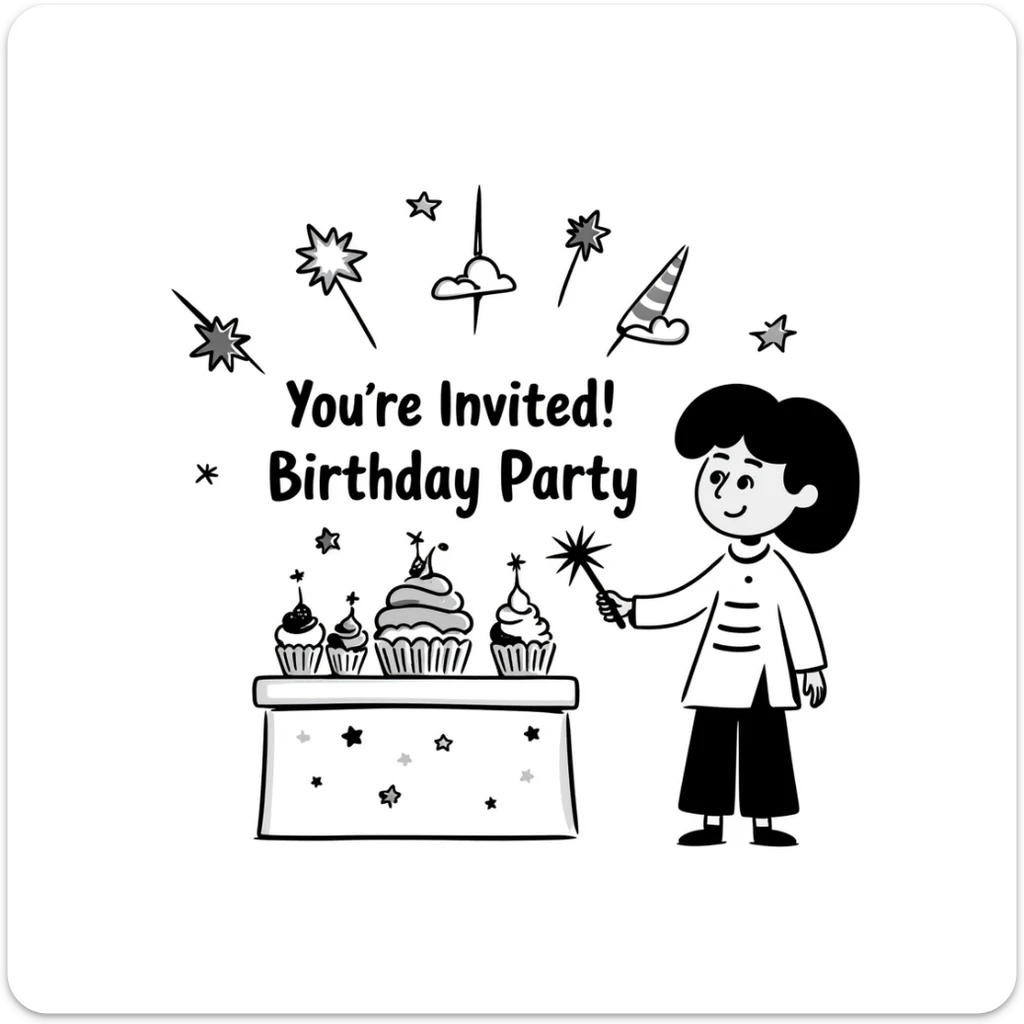 colorful magical themed birthday party invitation illustration with sparkles, wands, whimsical decorations, and the text: "You're Invited! Birthday Party at 100 Post St, San Francisco, May 10, 2025" sticker