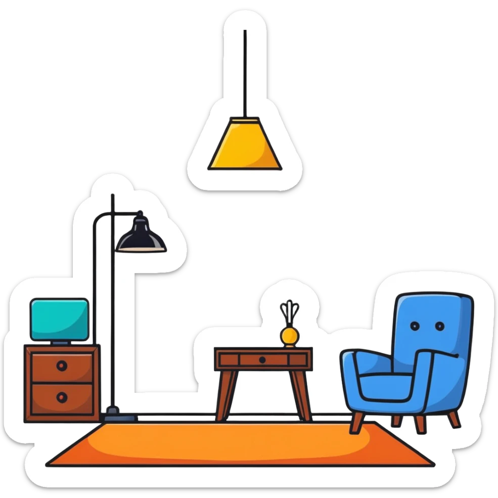 a colorful carpet on the floor in a cute room, with a lamp and chair sticker