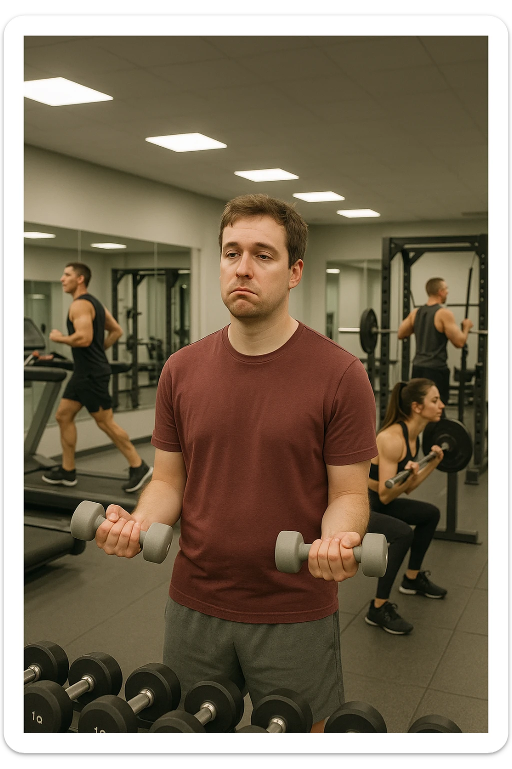 Uomo in palestra moderna, vestito con abbigliamento sportivo, mentre solleva manubri molto leggeri con espressione annoiata o poco coinvolta. Intorno a lui, altri atleti si allenano intensamente. Il suo fisico appare poco sviluppato o non in progresso. Atmosfera statica, senza sudore o fatica visibile, specchi puliti e attrezzi poco usati. Luce artificiale da palestra, ambiente pulito ma scena visivamente 'vuota' di sforzo sticker
