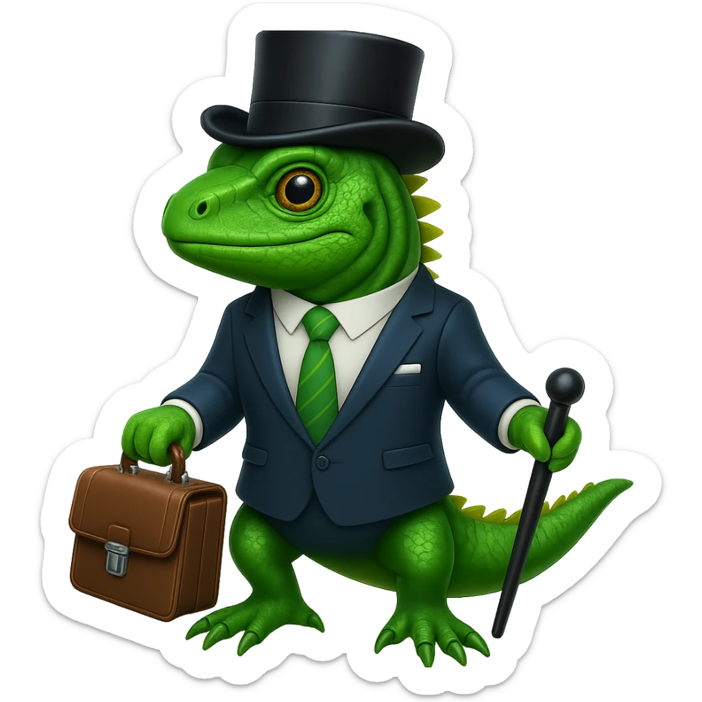 Add a top hat and cane to the capitalist iguana in a suit in the style of apple emojis. Keep the apple emoji style consistent with the original image. sticker