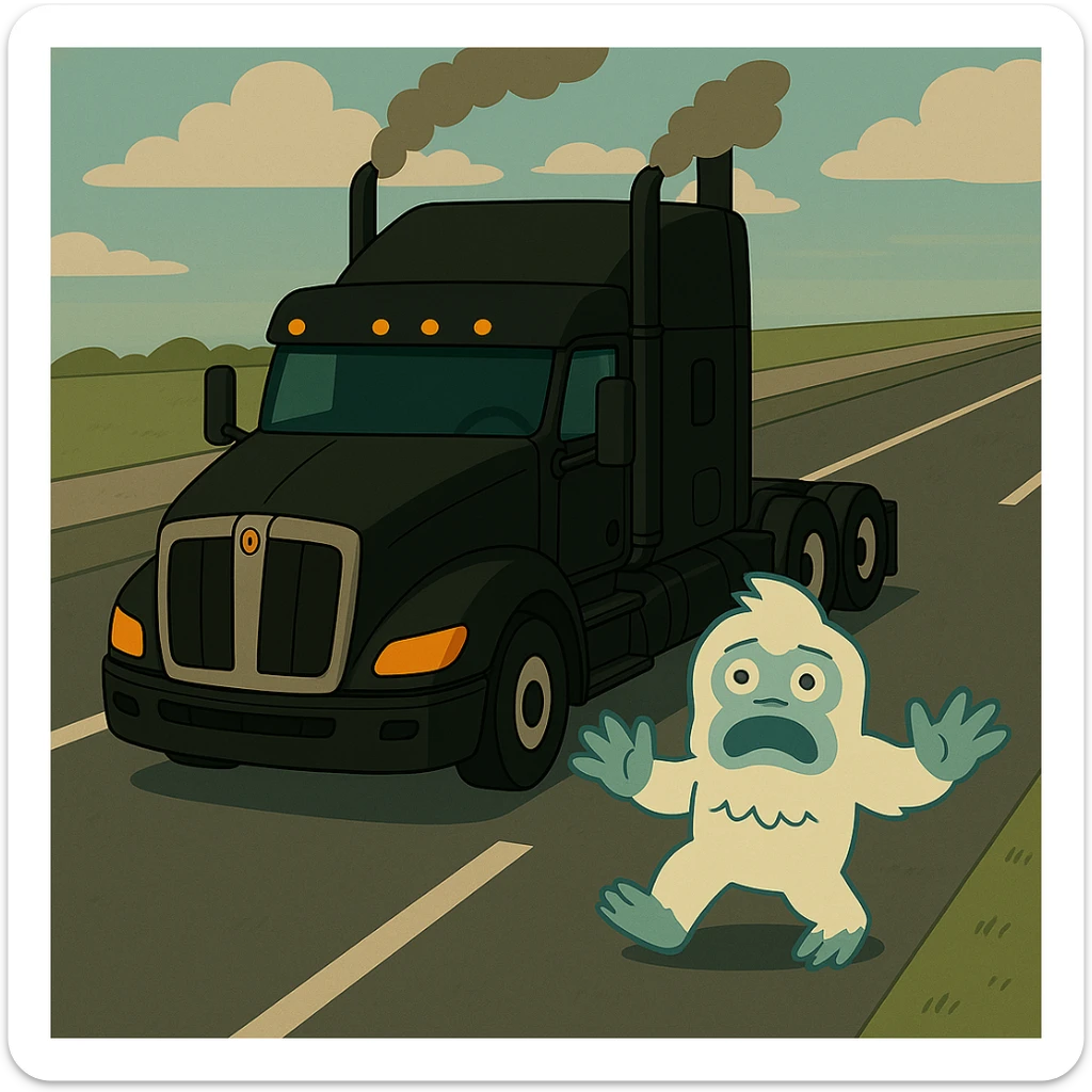 Place the small yeti (abominable snowman) on a highway in front of the modern black Kenworth W680 flat top semi sleeper, top-down animated style, no text, with a visible road background. sticker