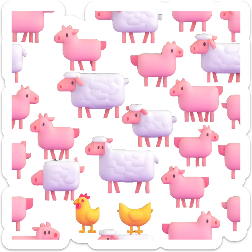 Minecraft style sheep, blocky pig friend, and blocky chicken friend together sticker