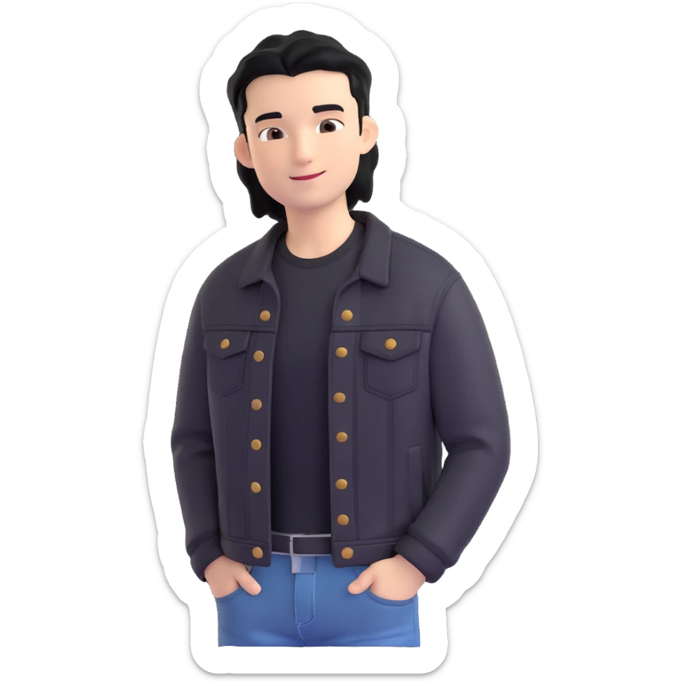 3D emoji Microsoft style, young man with black hair, wearing black t-shirt and black denim jacket, photo reference, slight smile sticker
