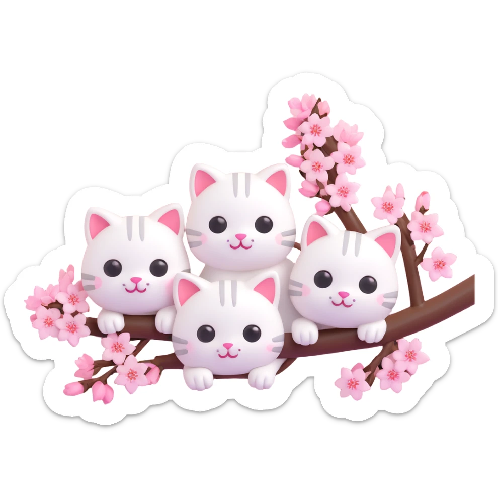 3D iOS emoji-style branch of cherry blossoms with adorable white cats peeking out, rounded shapes, shiny highlights, light pink background sticker