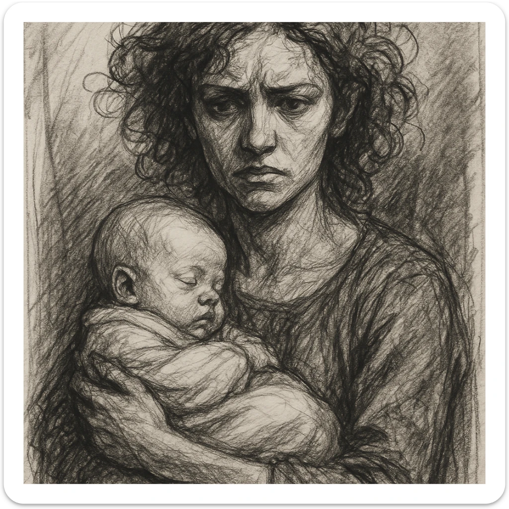 woman with curly red hair holding a baby, hand-drawn sketch style sticker