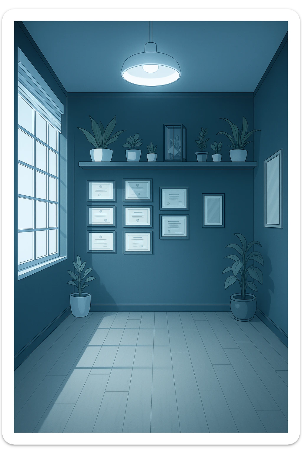 faMMI QUESTA STANZA STILE MANGA/WEBTOON A COLORI SENZA LE PERSONE E SENZA LETTINO, SOLO LA STANZA. FALLA MOLTO PIù LUMINOSA CON LUCI PIù FREDDE E MODERNE, NON LUCI GIALLE sticker