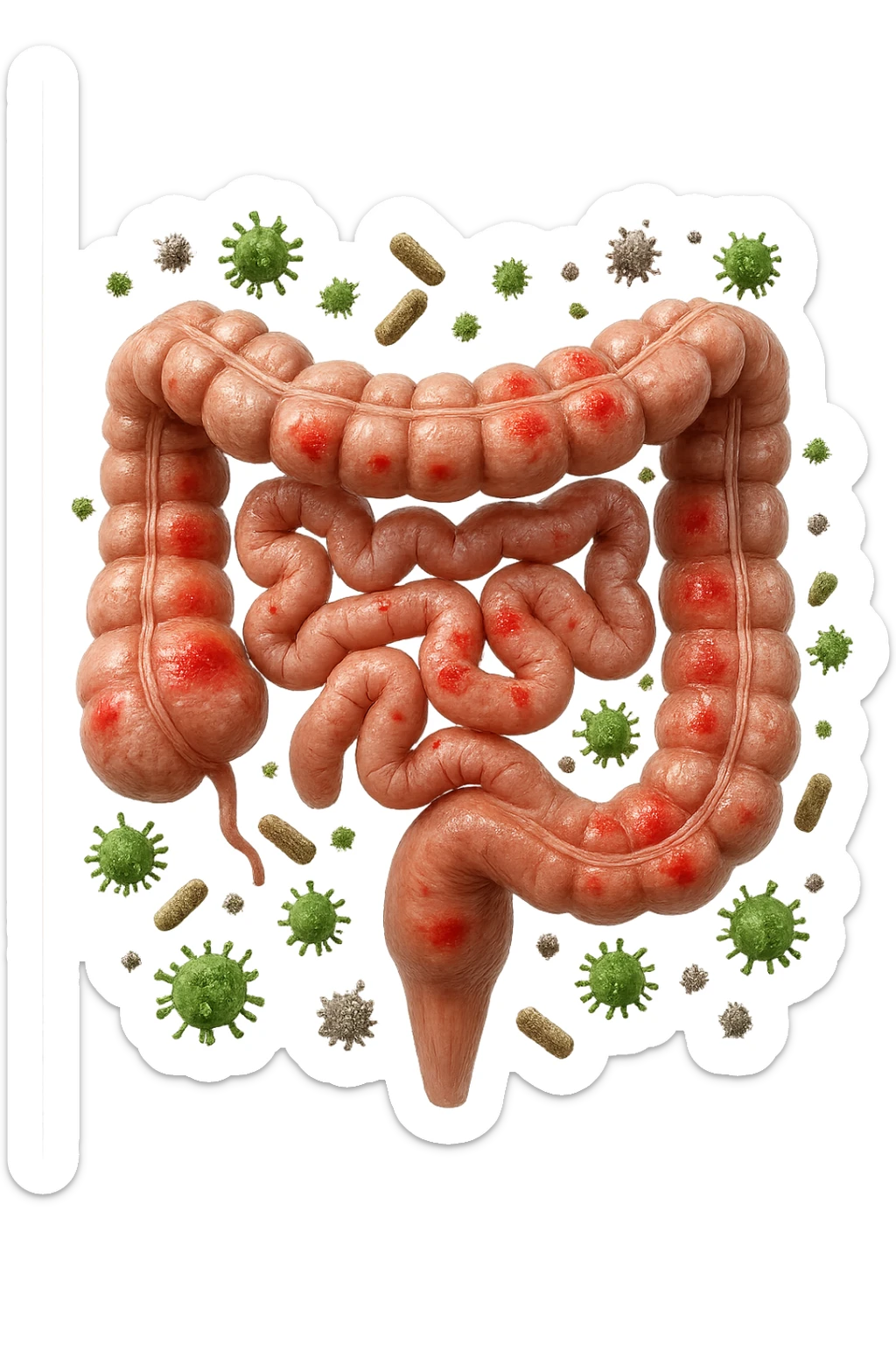 intestino anatomico realistico con red spot di infiammazione CON VARIE PARTICELLE TOSSICHE CHE CERCANO DI ATTACCARLO, IPERREALISTICO 4K sticker