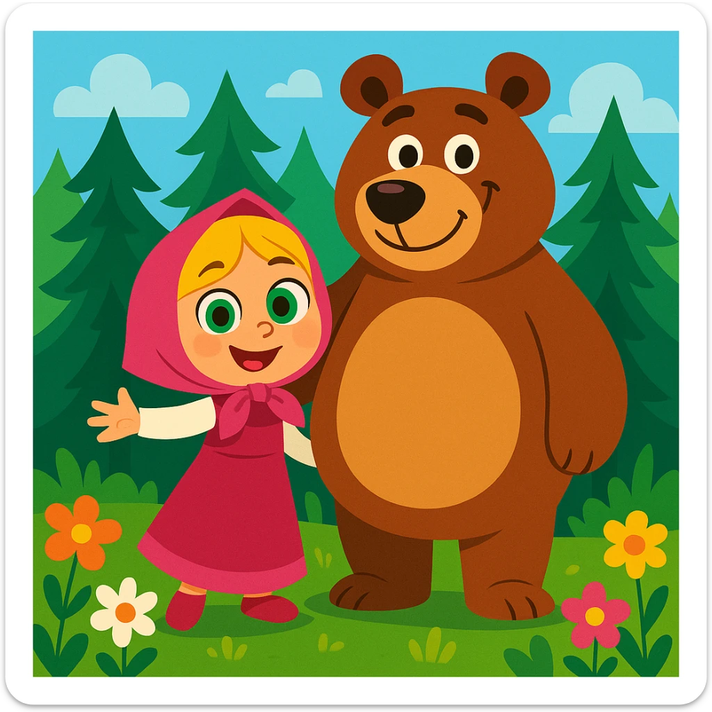 cartoon of a happy blonde girl in a pink dress and headscarf, with big green eyes, standing beside a gentle, round-bellied brown bear, both smiling in a lush pine forest with colorful flowers, bright lighting, clean background sticker