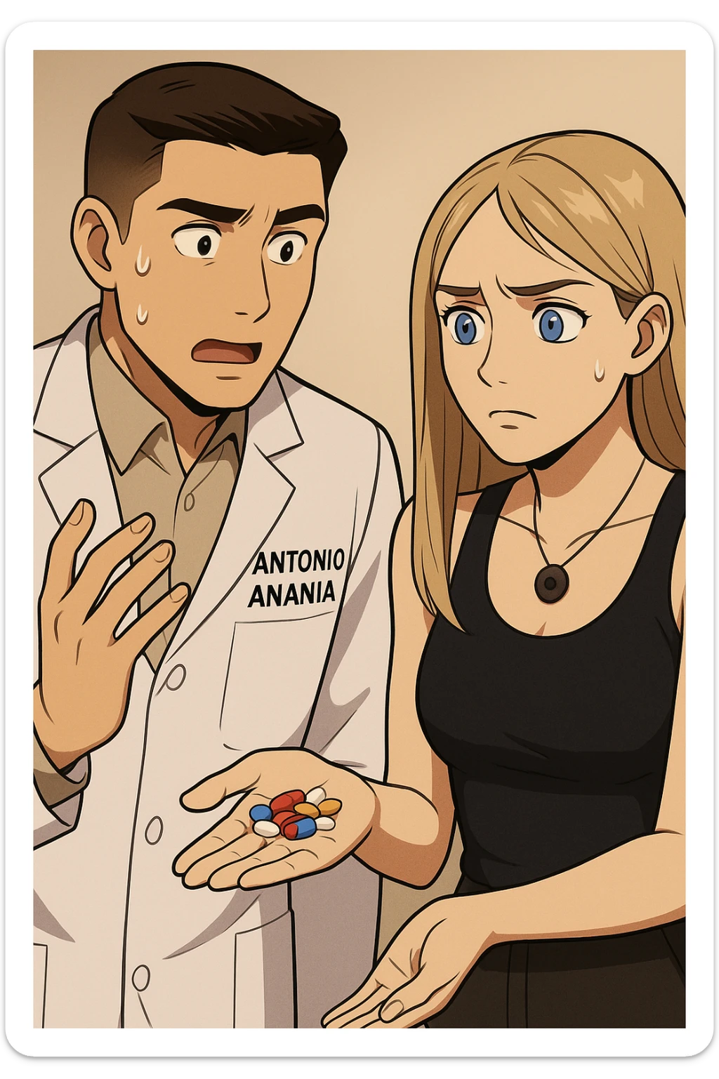 fai un webtoon/manga a colori con questo kinesiologo in camice bianco (fagli la scritta "ANTONIO ANANIA" SUL CAMICE) CHE PARLA CON QUESTA RAGAZZA CON GLI OCCHI AZZURRI. LA RAGAZZA HA UN PUGNO DI INTEGRATORI IN MANO (TANTE PILLOLE DIVERSE) E LE GUARDA DUBBIOSA. IL KINESIOLOGO CON IL CAMICE BIANCO LE DOMANDA UNA COSA SCIOCCATO. NON FARE I FUMETTI, FAI SOLO LORO COME SE DIALOGASSERO sticker