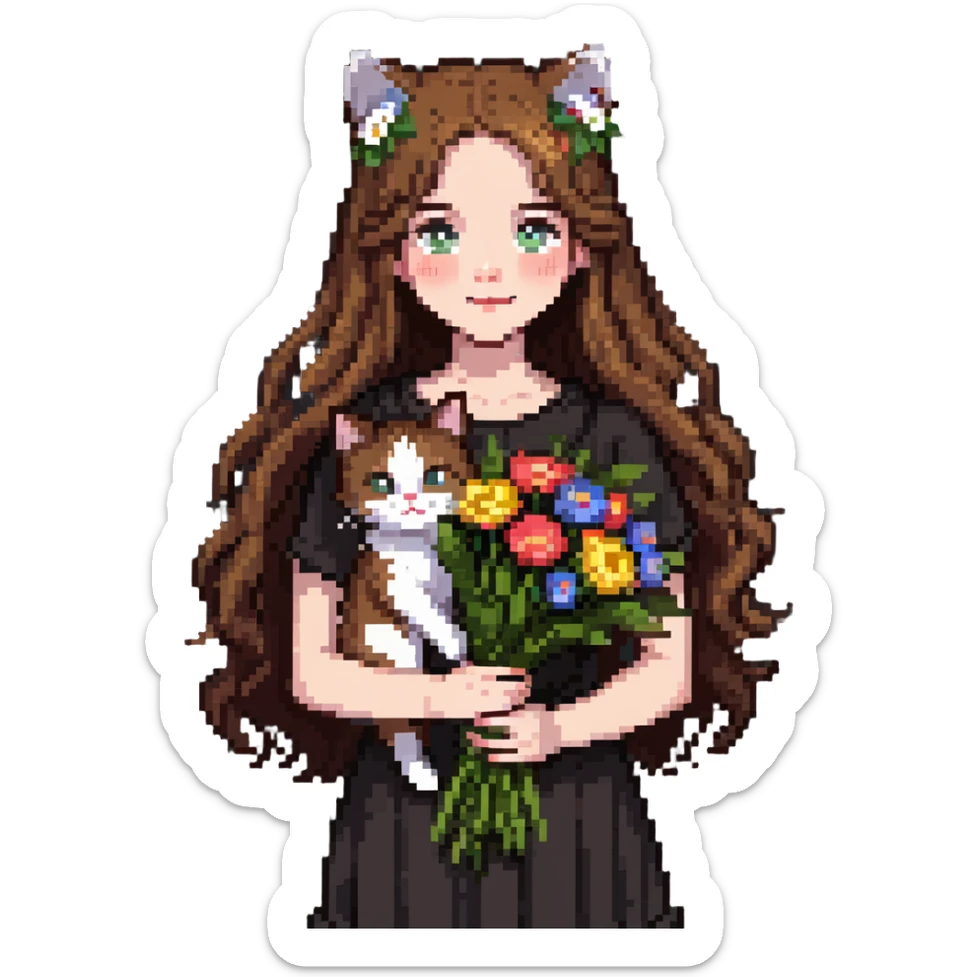 A cool girl with long brown hair and fair skin tilts her head and holds a bouquet of flowers and a cat sticker