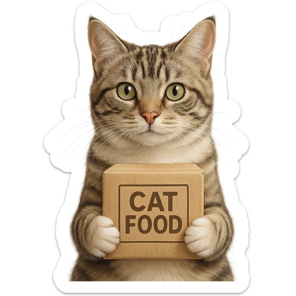 Detaylı ve gerçekçi stil küçük paket mama kargo kutusu taşıyan kedi, arka plansız. sticker