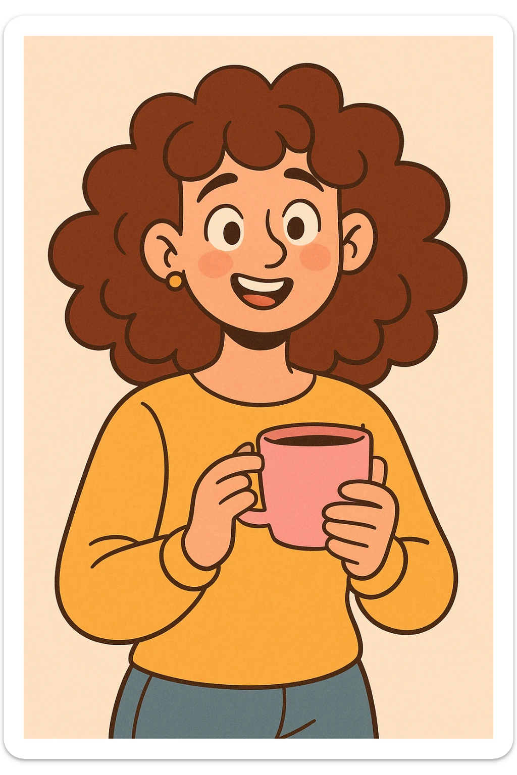 young white woman with curly brown hair, holding a pink coffee cup, soft and warm cartoon style sticker
