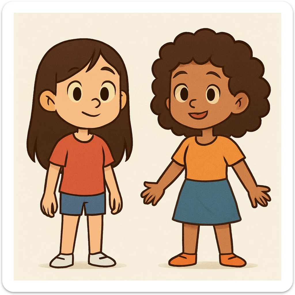 Slightly increase the volume of the upper body of the girl, significantly spread them apart from each other, make the skin color the same for both characters, keep the cartoon style as in the reference image. sticker