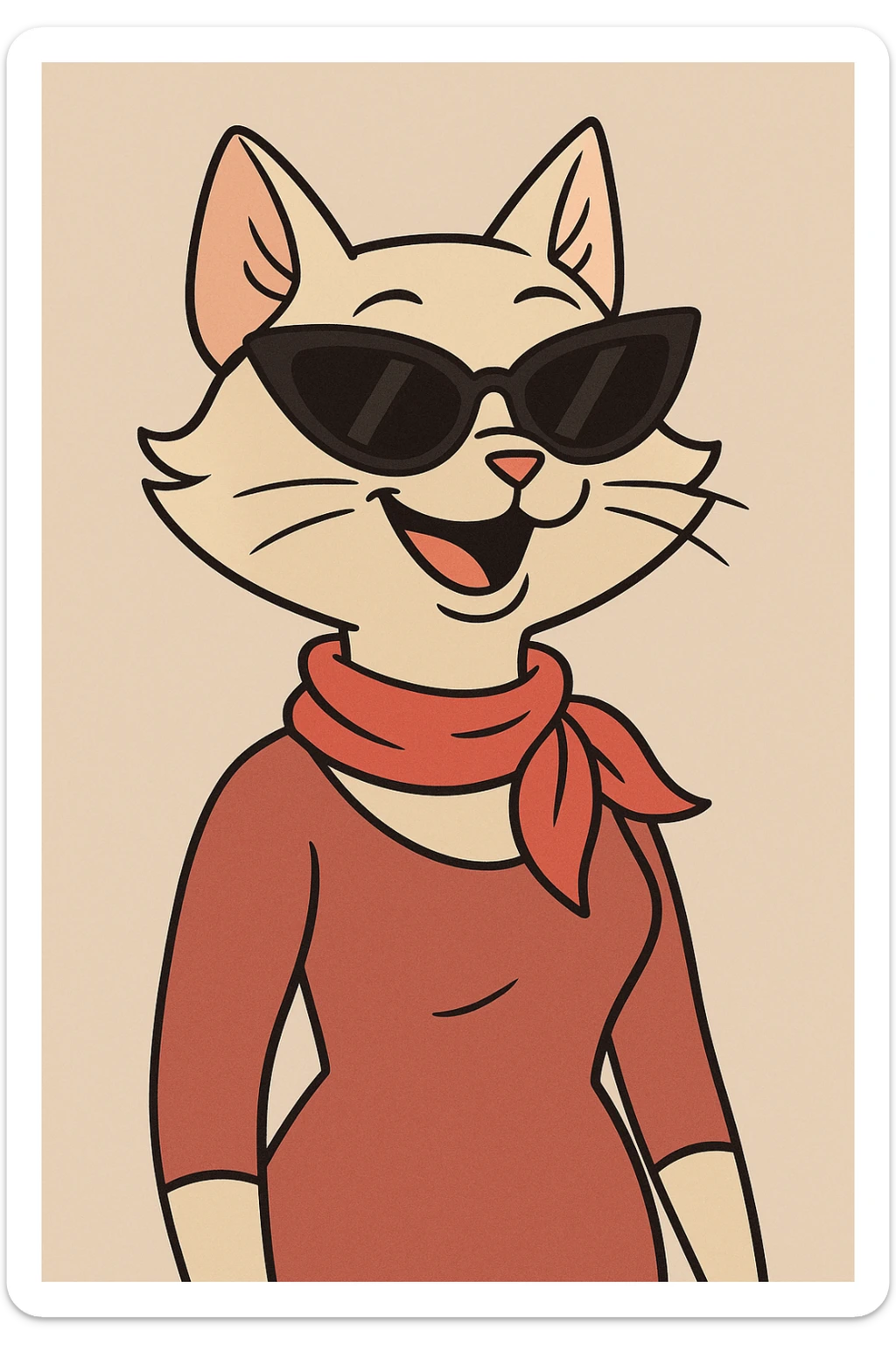 stylish mrs. cat, sunglasses, red scarf, big smile, modern cartoon illustration sticker