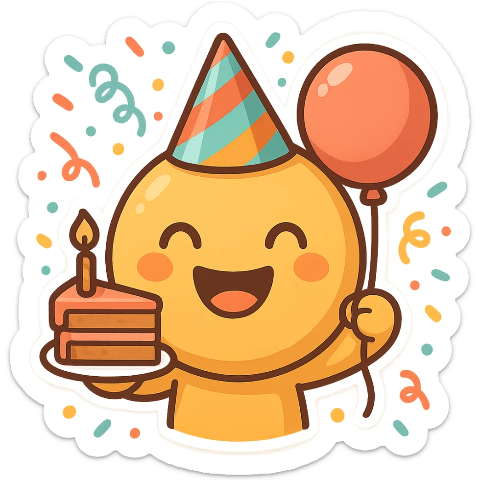 smiling emoji face celebrating birthday, colorful party hat, cake slice in one hand, balloon in the other, confetti background, bright cartoon look sticker