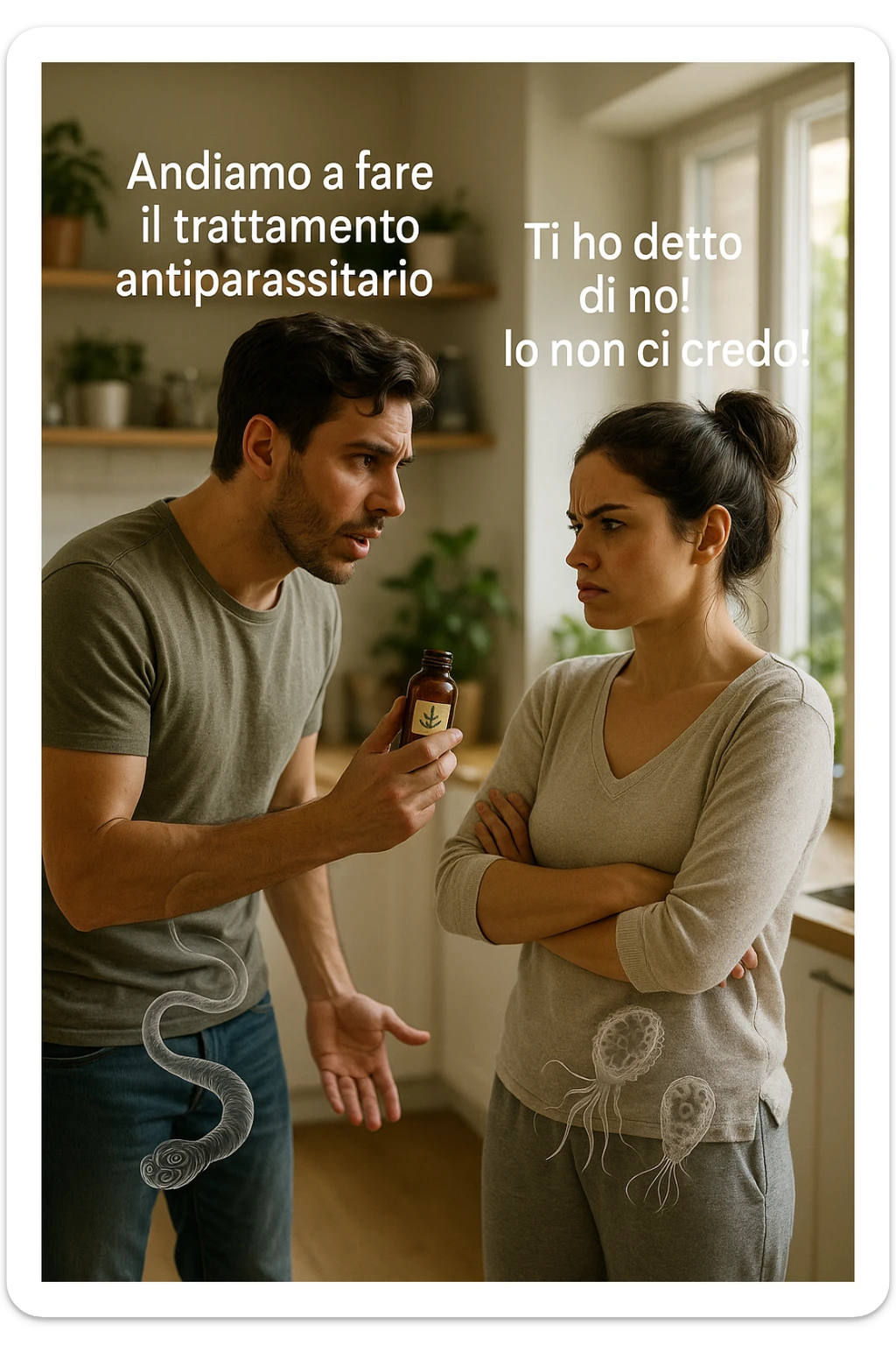 A highly realistic, cinematic photo of a young couple in their early 30s having an argument in a bright modern kitchen. The man, athletic build, wearing a casual T-shirt and jeans, is speaking firmly with a raised hand holding a small amber glass bottle labeled with a subtle herbal symbol, saying 'Andiamo a fare il trattamento antiparassitario' with a determined expression. The woman, with long dark hair tied in a messy bun, casual home outfit, crosses her arms with an angry, defensive expression, replying 'Ti ho detto di no! Io non ci credo!' while slightly turning away. Tension is visible in their body language, with the man leaning forward trying to explain and the woman leaning back, her eyebrows furrowed. Around them, subtle ghostly overlays of microscopic parasites are faintly visible near their abdominal areas, symbolizing the hidden reason for the argument. The kitchen is bright and modern with plants and natural light, contrasting the emotional tension. The style is hyperrealistic with warm tones and shallow depth of field focusing on their facial expressions, illustrating the conflict between belief in natural treatments and skepticism within the couple regarding hidden parasitic infections. in italiano sticker