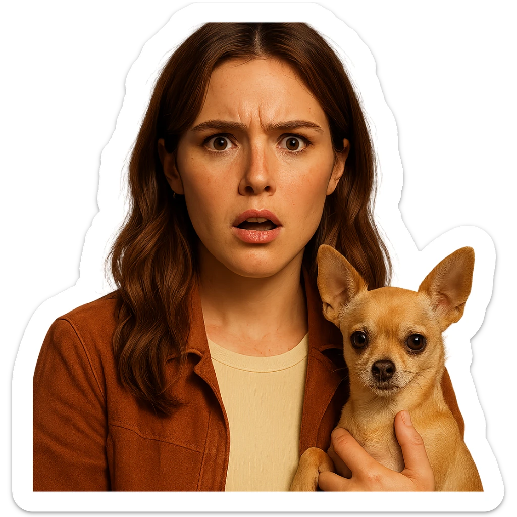 Portrait for Instagram profile picture inspired by the facial features visible in the reference images, with a tanned complexion, subtle freckles, wearing a shirt in color #FFF8CA and a rust-colored jacket, medium-length brown hair with auburn highlights, shocked and indignant expression, holding a beige-brown chihuahua, in the style of a Netflix series, transparent background, intimate Tenerife ambiance. sticker