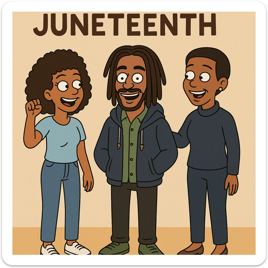 A woman Kinky hair light blue shirt blue jeans white shoes boy Dreadlocks dark brown hair green shuts navy blue zip up hoodie black jeans green shoes Bob Marley Vanessa Nakate Mae Jemison Happy JUNETEENTH sticker