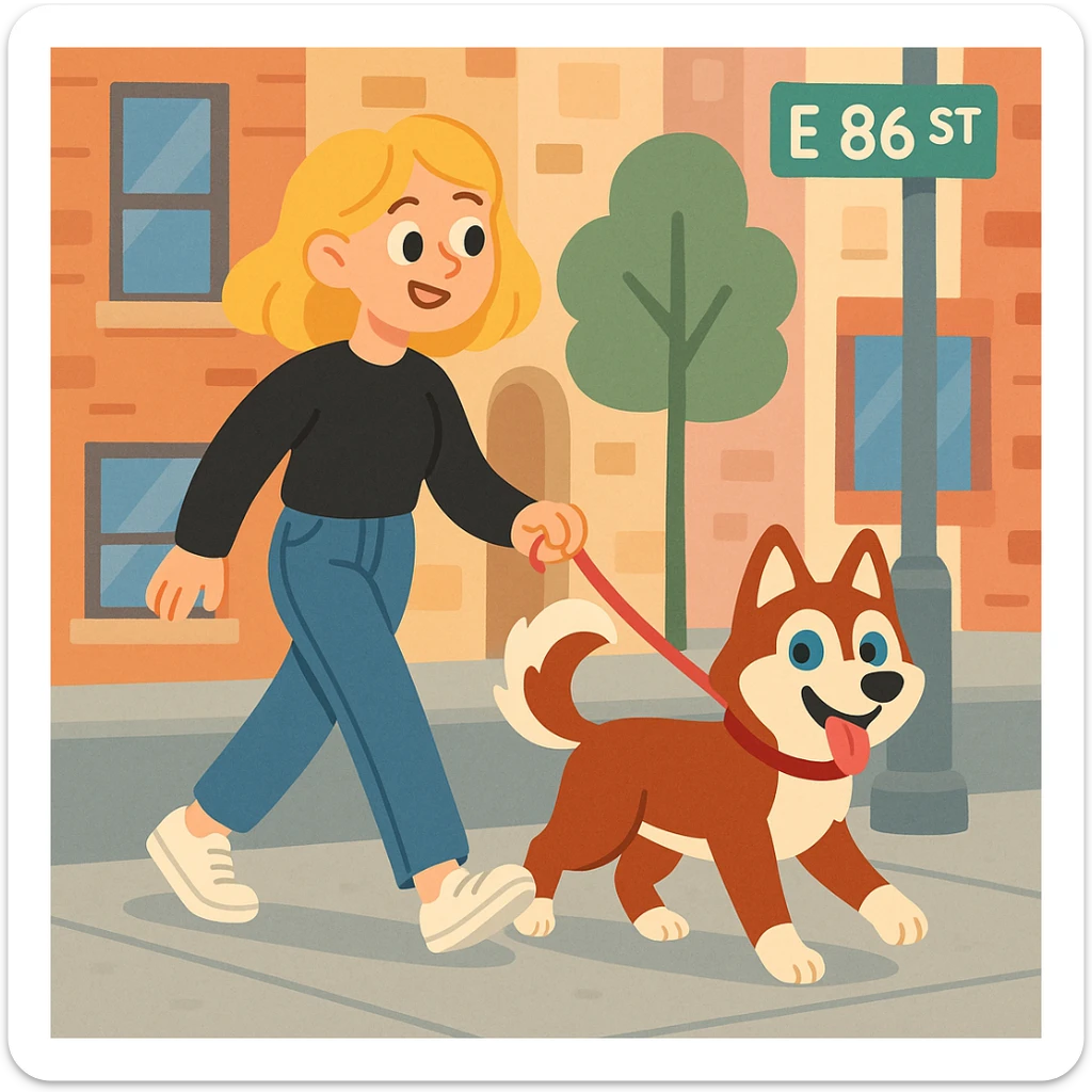 Cute Blonde woman wearing a black sweater and jeans and white sneakers walking a happy red-brown blue-eyed Siberian husky in New York City on an upper east side city sidewalk  sticker