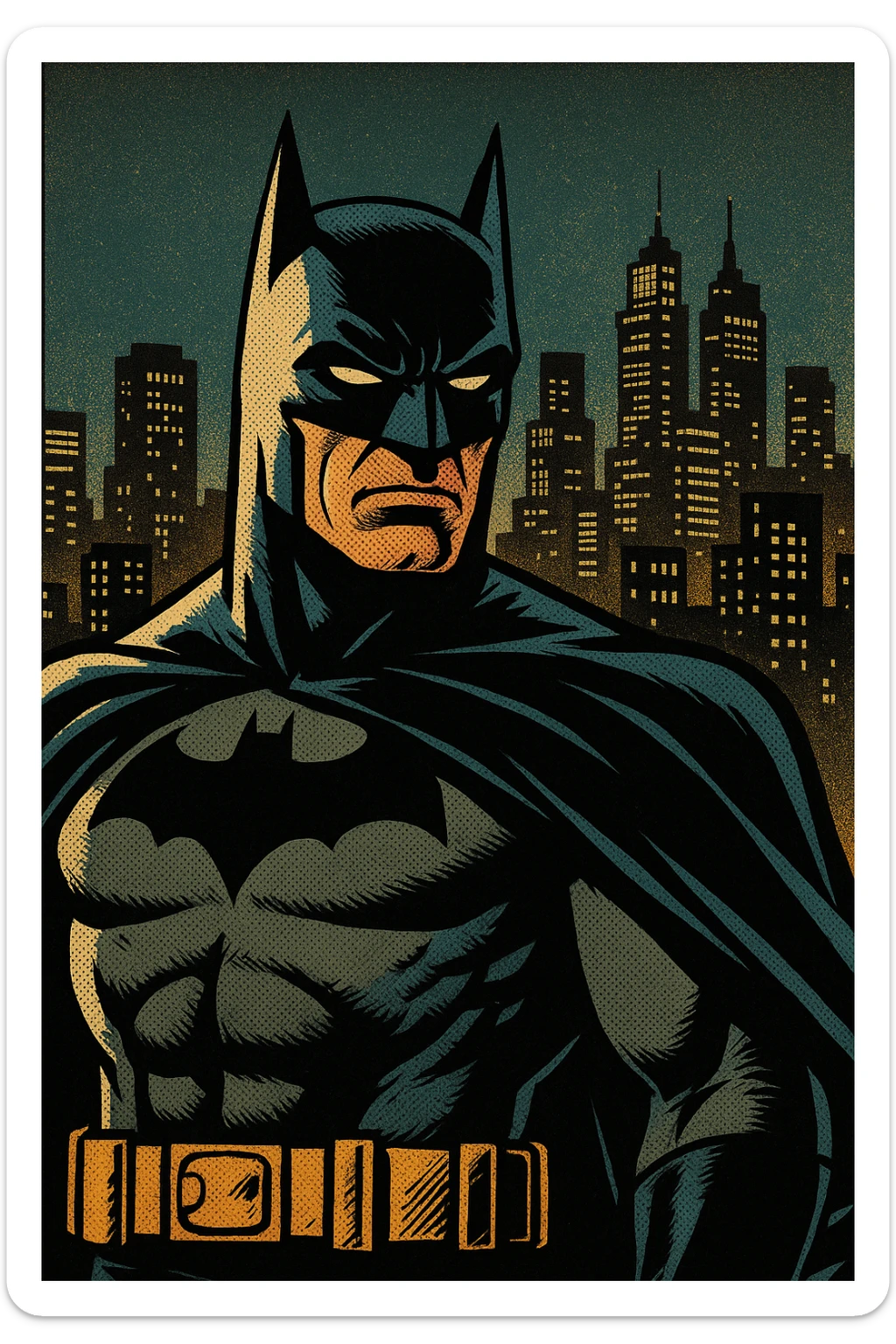 Batman standing in front of a city skyline at night, Grand Theft Auto V (GTA 5) style sticker