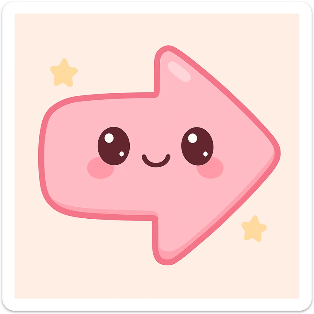 Edit the arrow to point to the right and add a cute kawaii face inside the arrow. Maintain the bubbly pink kawaii style with soft, rounded shapes and adorable facial features. sticker