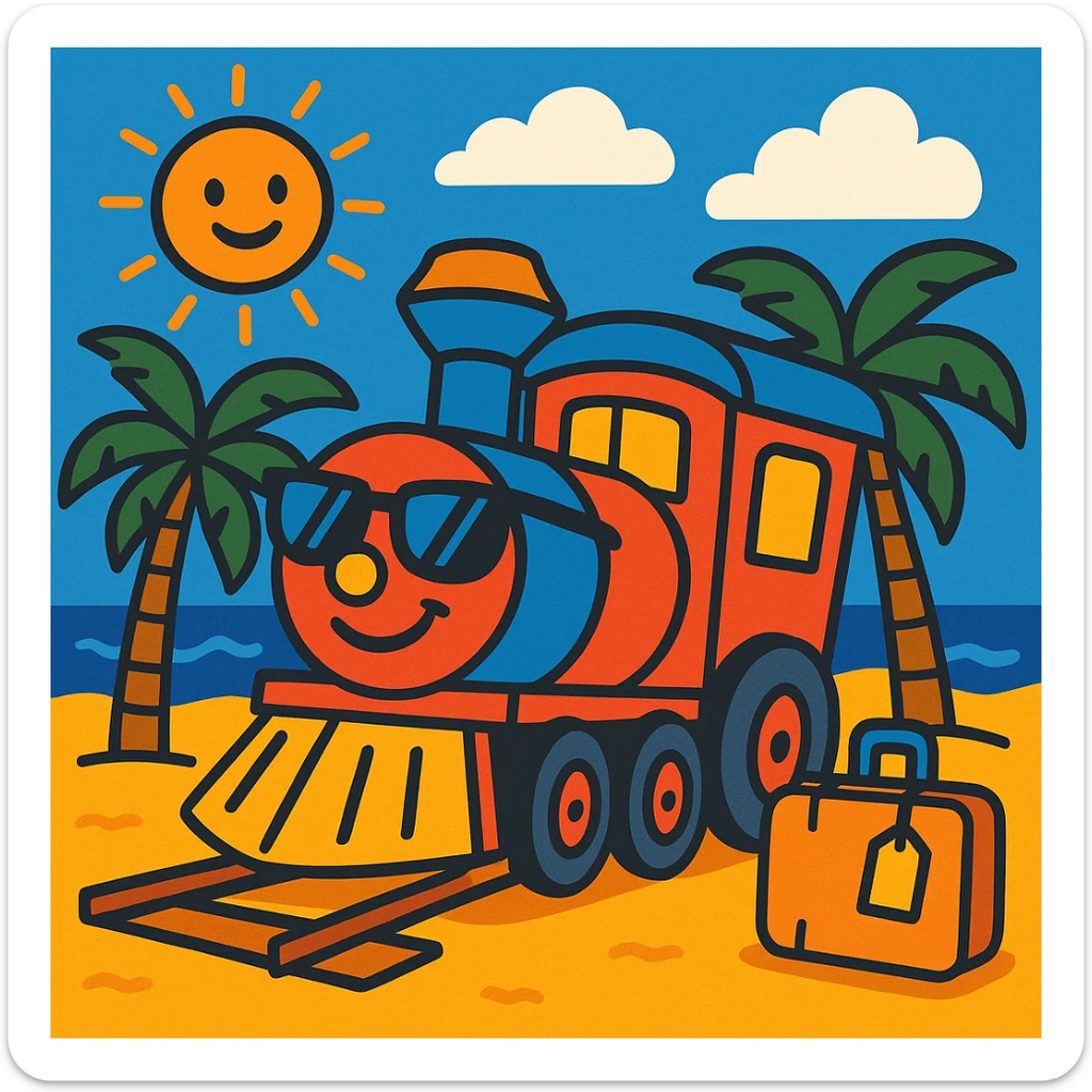 a train on vacation, playful and whimsical style, vibrant toon, bright colors, fun and lively sticker