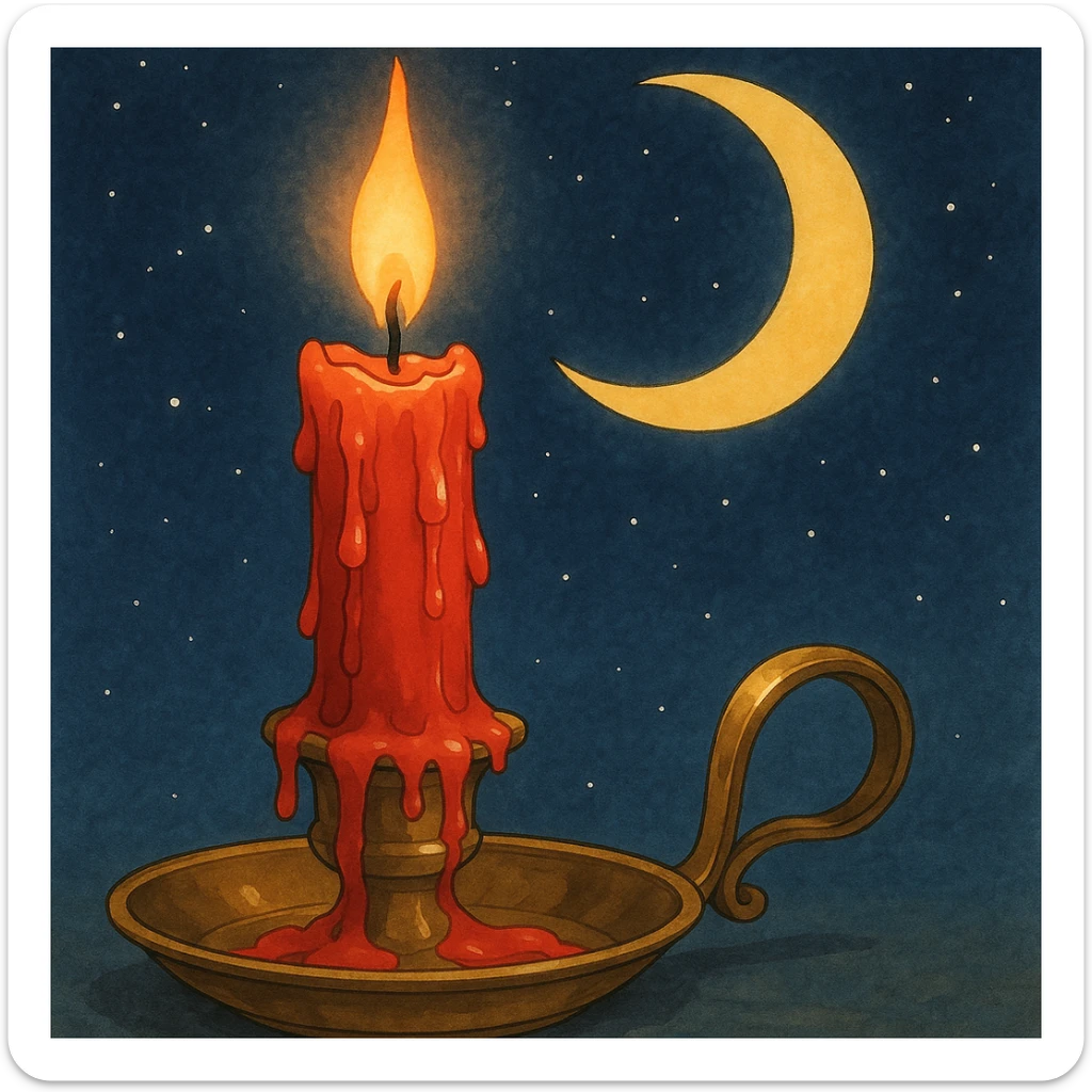 ghibli style dripping red candle in a gold holder with a crescent moon in the background sticker
