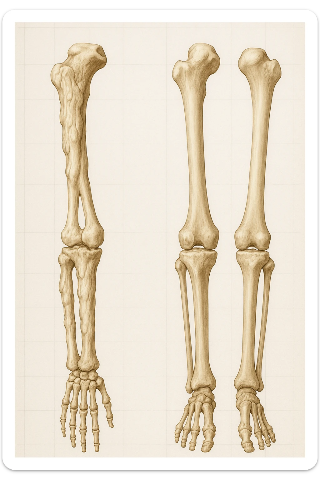 A highly realistic medical illustration focusing on a human arm and leg bones affected by melorheostosis. The bones appear visibly thickened, irregular, and larger than normal, with clear, layered bone growth resembling melted wax dripping down the side of the bones. The image shows a side-by-side comparison with a healthy bone for clarity, highlighting the difference in size and texture. The color palette includes neutral bone colors with subtle shading to show the abnormal contours and ridges. The background is clean and minimalistic, with faint anatomical grid lines for a scientific, educational feel. The overall mood is informative and precise, conveying the key visual characteristic of melorheostosis: progressive bone thickening that makes bones visibly larger and irregular. sticker