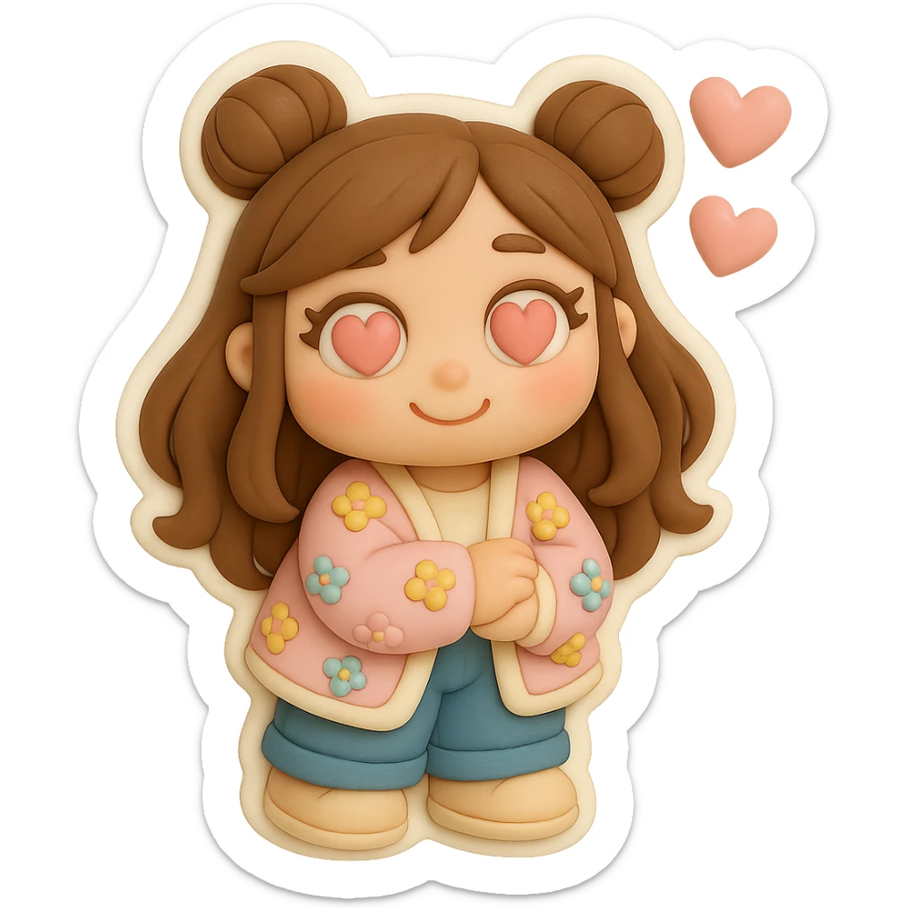 3D chibi fondant cake art style, high-quality rendering with smooth shadows and soft gradients. Girl based on reference image with preserved facial features and eye shape, long brown hair in two space buns, brown eyes, jeans, pastel floral cardigan, shoes, thick white outline like a sticker, transparent background. Expression: In love, soft pink hearts in her eyes. Ensure the face, hairstyle, eye shape, and shoes match the reference exactly. sticker
