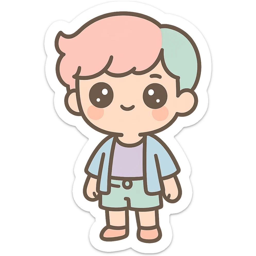 a cute twink, big eyes, trendy outfit, gentle smile, kawaii style sticker