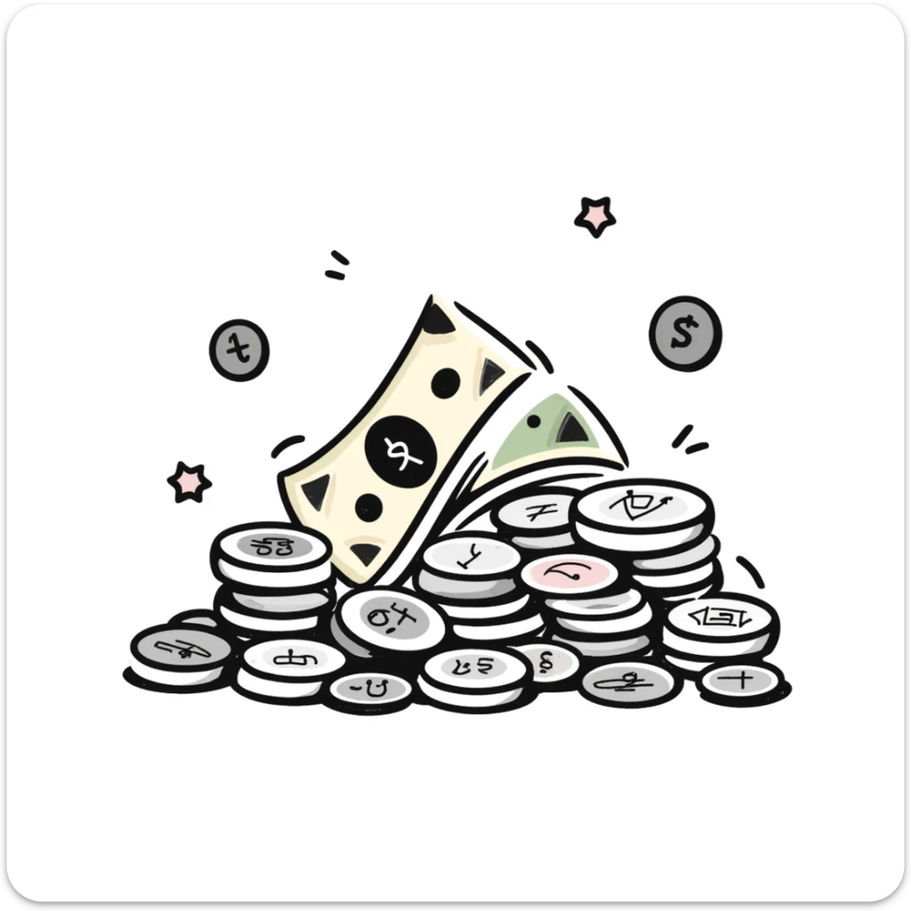 Money bills and coins, cash currency in pastel colors (dd9fb0, ffc6d3, a3bfc9, c4bee2, f1b091), hand-drawn doodle style sticker