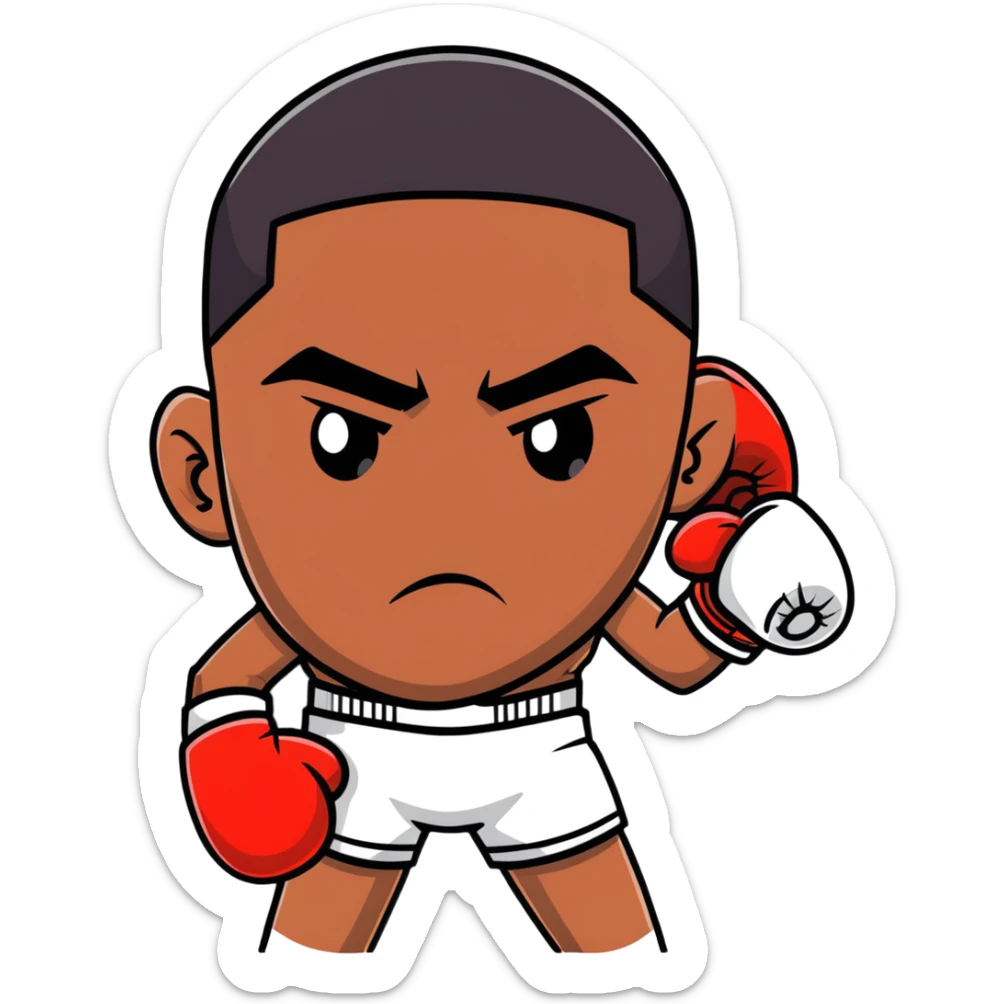 Close-up face of a young 19-year-old Black male boxer, intense gaze, boxing gloves slightly visible sticker