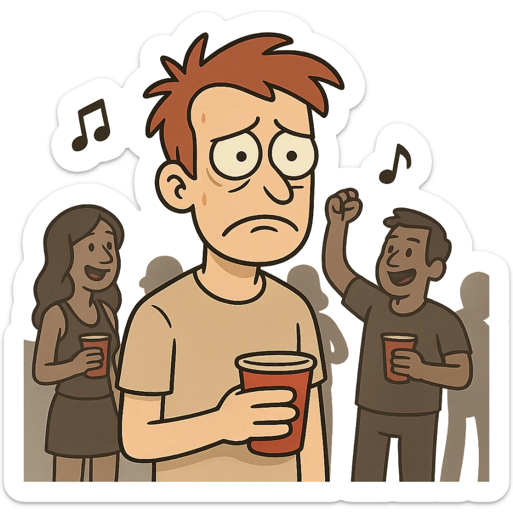 a noob character at a party, looking awkward and out of place, with a forsaken vibe, cartoon style sticker