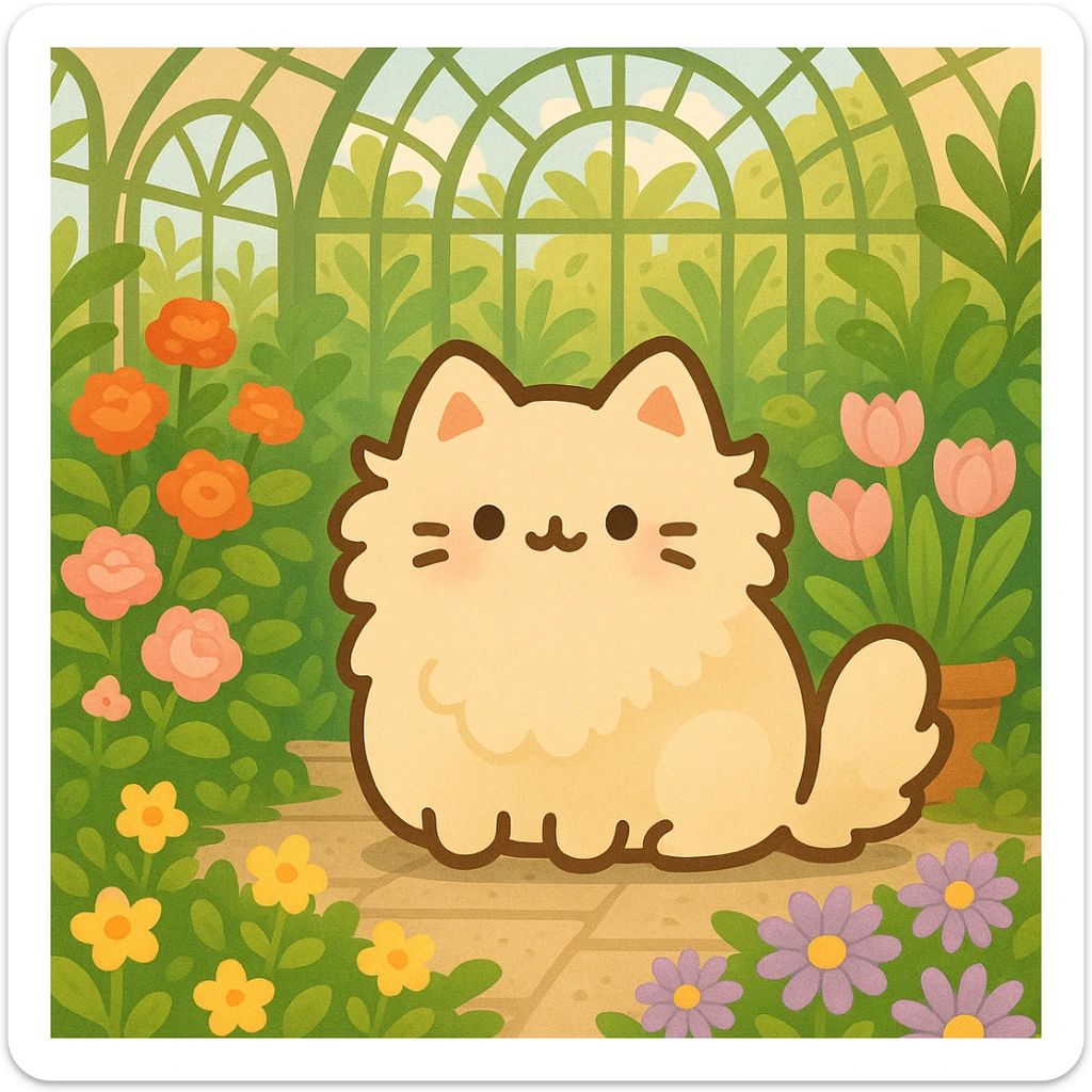 pusheen-style fluffy blonde kitten in a botanical garden greenhouse filled with flowers sticker