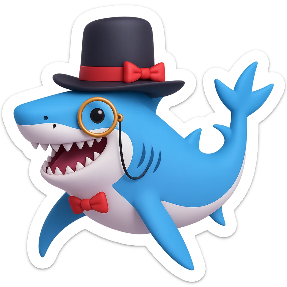 Add a monocle to the shark with a top hat in the style of 3D emoji, no background. sticker
