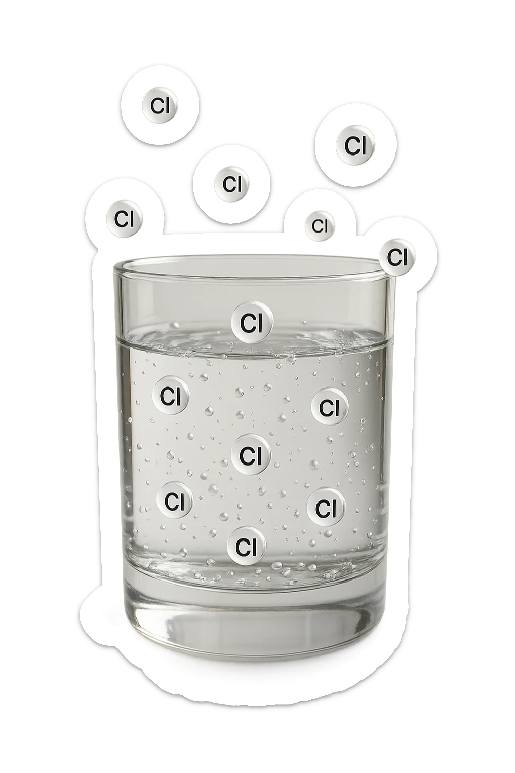 un bicchiere di acqua fluttua in aria realistico e dettagliato, dentro l'acqua del bicchiere ci sono particelle di cloro ben visibili con la scritta "Cl" sopra, ci sono particelle anche che escono dal bicchiere e fluttuano in aria verticalmente, mentre alcune sono all'interno dell'acqua nel bicchiere, iperrealistico 4k sticker