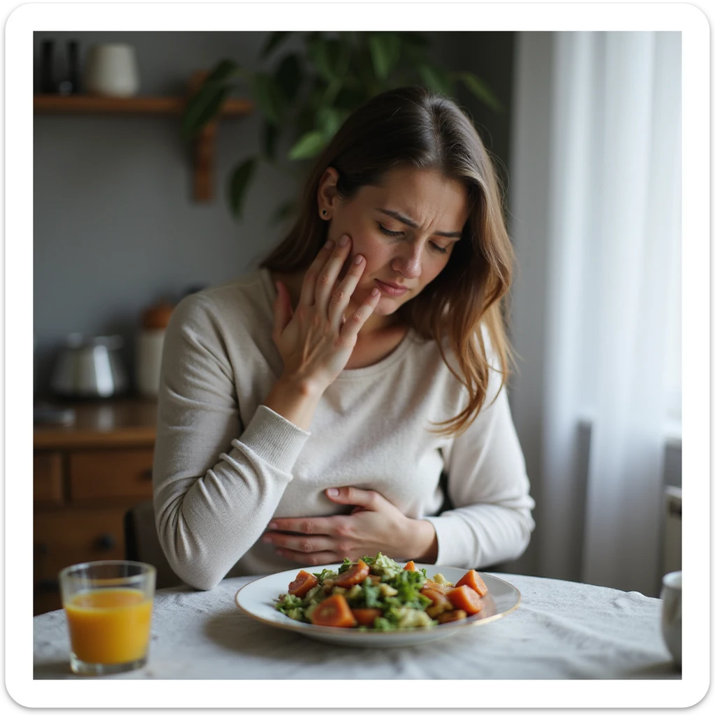 adult woman, photorealistic, painful and suffering expression, hands on abdomen, sitting at table with healthy food plate, discomfort atmosphere, natural light, kitchen background sticker