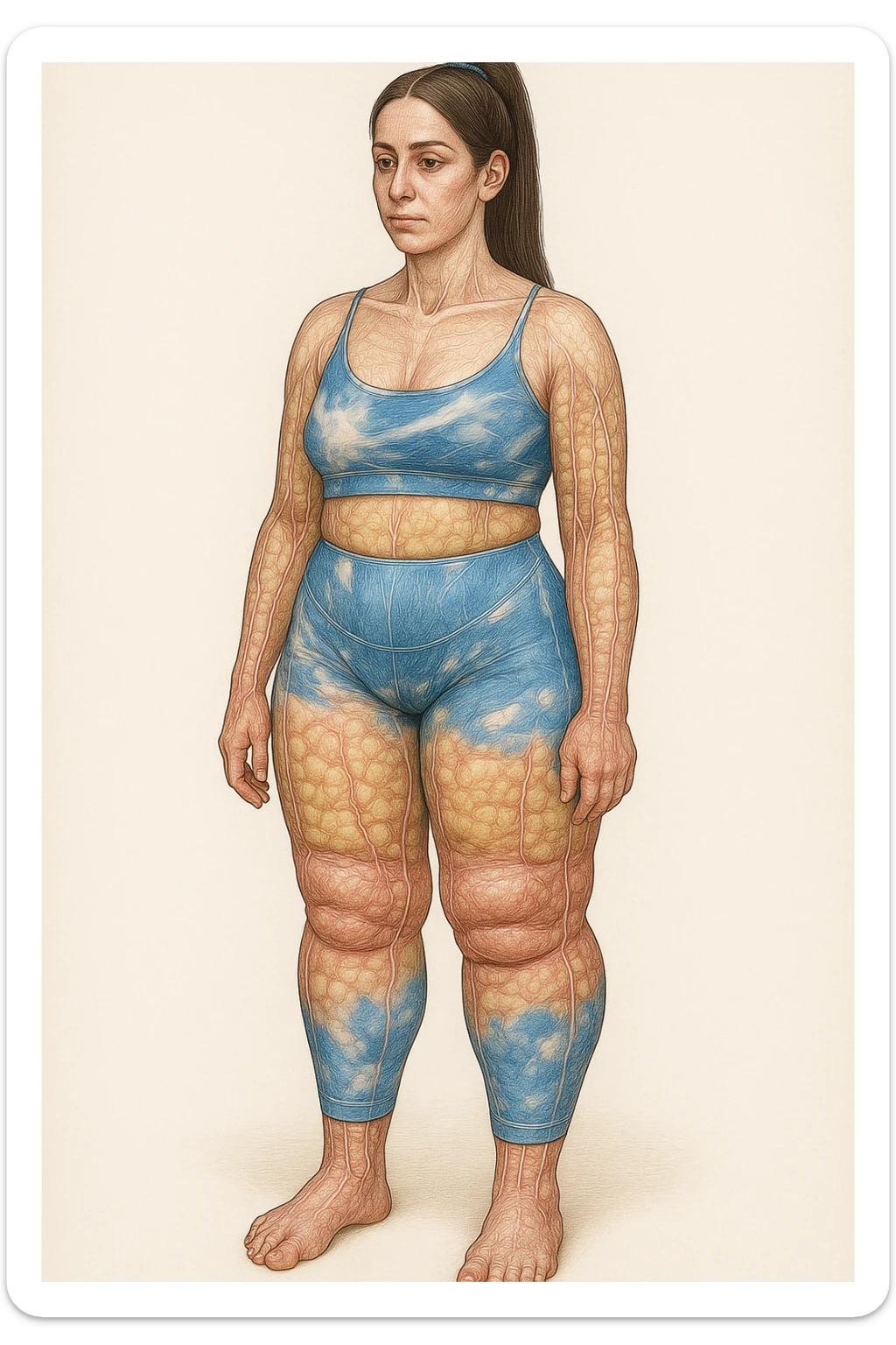 Realistic anatomical illustration of a woman in sportswear inspired by the reference photo, showing evident water retention in the legs. Highlight subcutaneous tissues and fluids in an anatomical style with a neutral background. sticker
