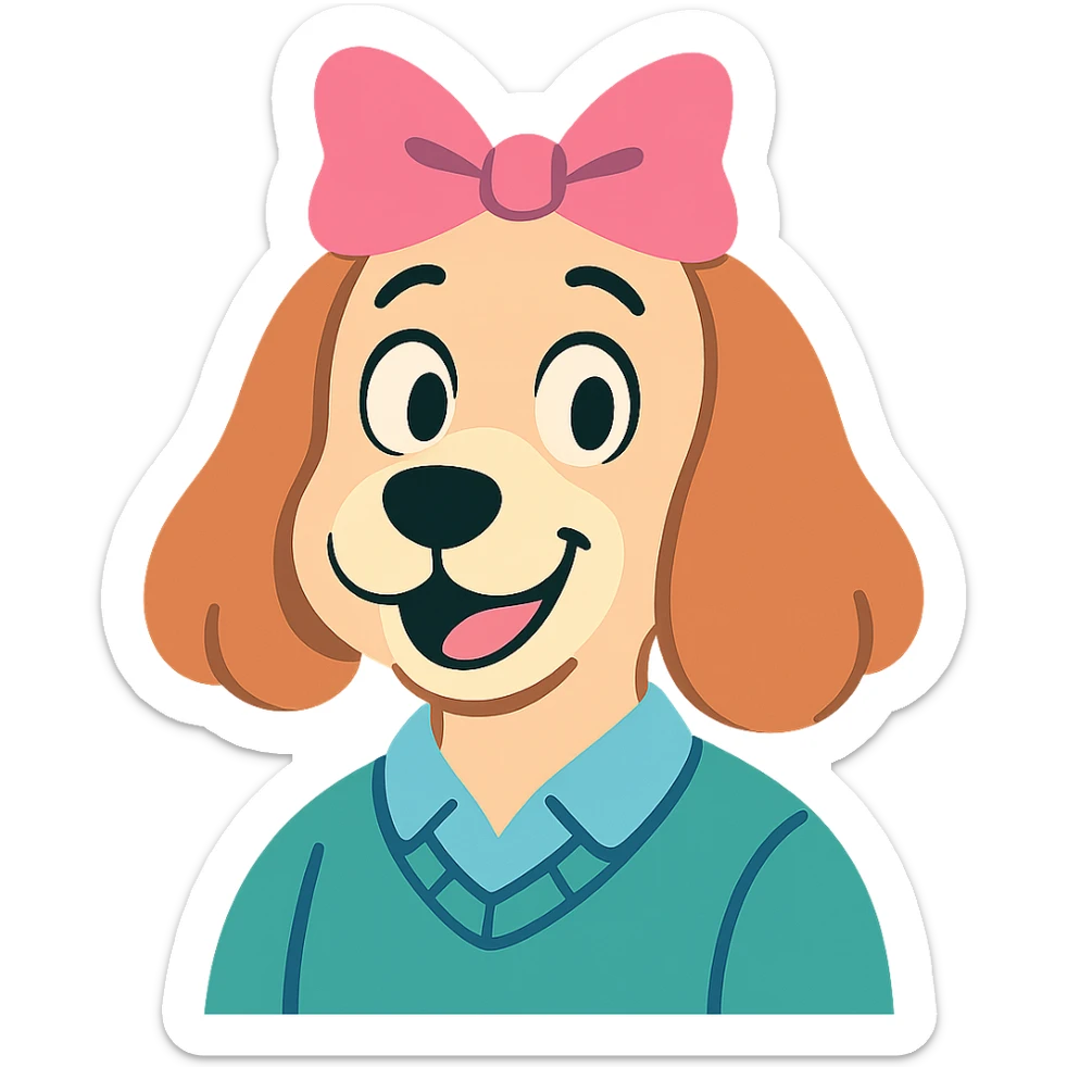 preppy dog with a pink head piece bow, close-up portrait, pastel toon style sticker